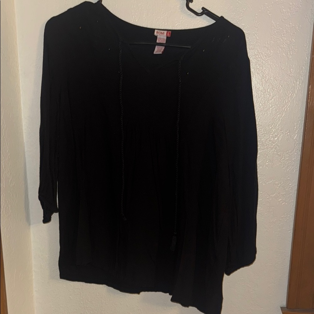 Black Blouse with 3/4 Sleeves and Asymmetrical Style